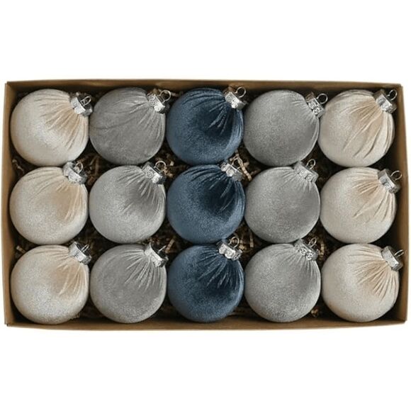 Brand New Luxe Velvet Christmas Ornaments 15 Pcs Blue Flocked Balls Shatterproof - Picture 1 of 5